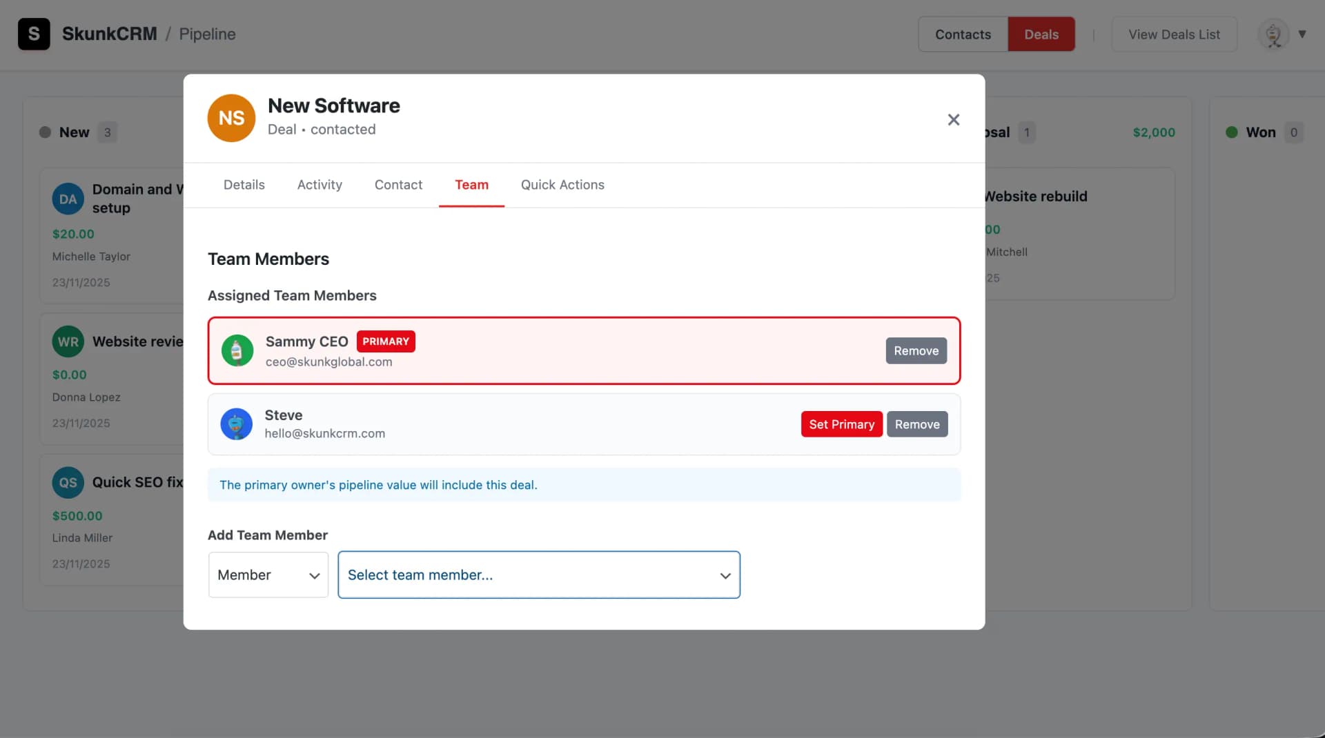 SkunkCRM Deal detail view with activities and notes