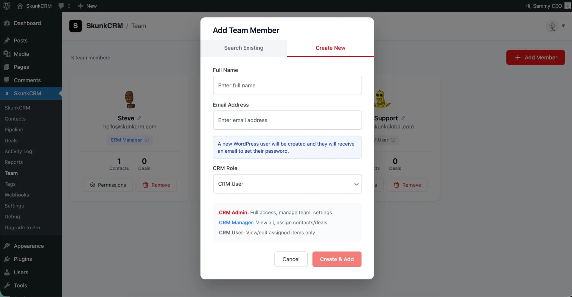 SkunkCRM Team activity feed and collaboration features